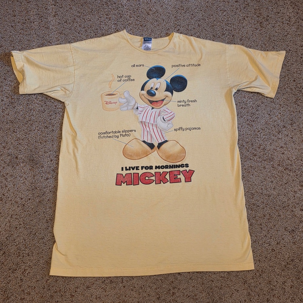 Vintage Disney Mickey Mouse I Live For Mornings Yellow Graphic T-Shirt OSFA